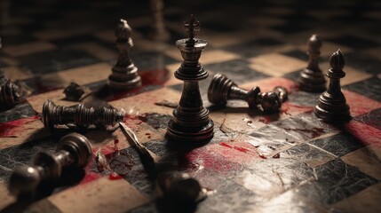 chessboard with a toppled king piece surrounded by broken pawns and bloodstains, metaphoric scene of a leader's defeat, dramatic shadows