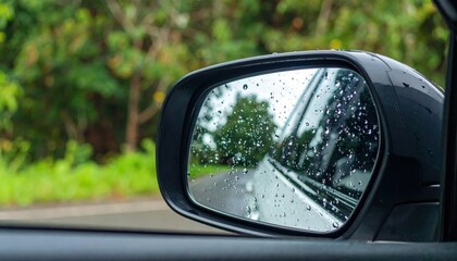 Obraz premium Raindrops on car side mirror scenic road nature photography lush green environment close-up view travel concept