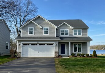 A two story house with a gray exterior and a white garage door on a sunny day near a body of water