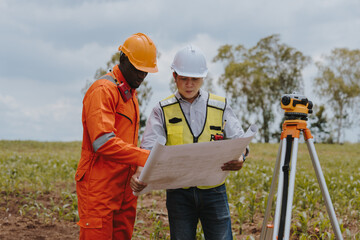 Surveying engineers take measurements using surveying cameras at road and high-speed railway...