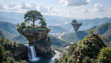 Floating islands with trees and waterfalls in a scenic landscape.