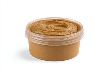 Creamy peanut butter in a clear plastic container.