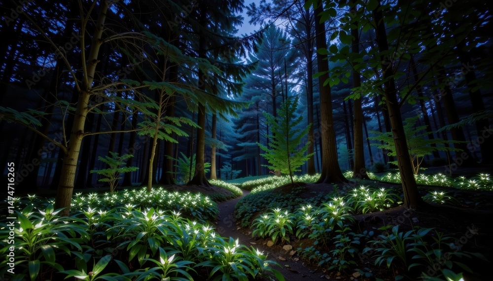 Poster serene forest path illuminated by soft light.