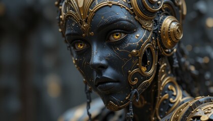 Obraz premium Golden Mechanized Goddess: A Digital Masterpiece