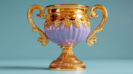 3D rendering of a gold trophy cup icon on a purple base, isolated on a blue background.