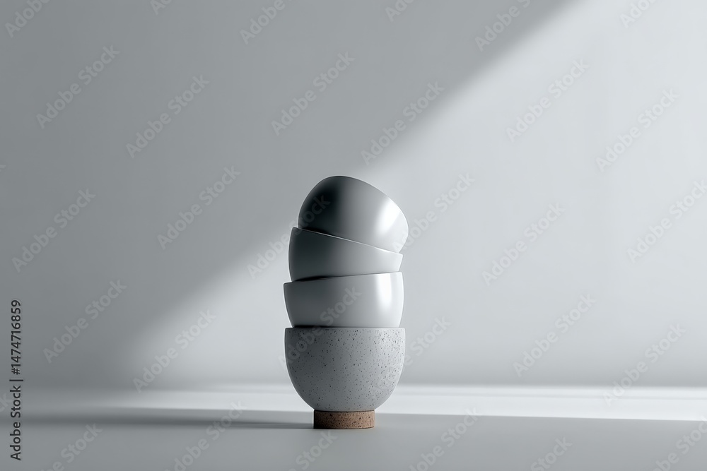 Poster four minimalist bowls stacked on a cork base in a softly lit modern interior with a shadowy effect