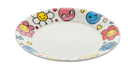 Colorful ceramic plates with cheerful faces and flower cartoon designs on transparent background.