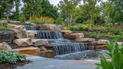 Serene cascading waterfall surrounded by vibrant greenery in a tranquil garden setting