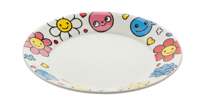 Colorful ceramic plates with cheerful faces and flower cartoon designs on transparent background.