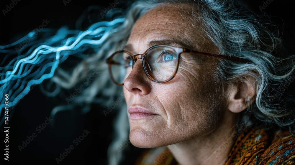 Poster technology style whit net glowing wave,glowing line glow wave,glow line , mature woman trying new ey