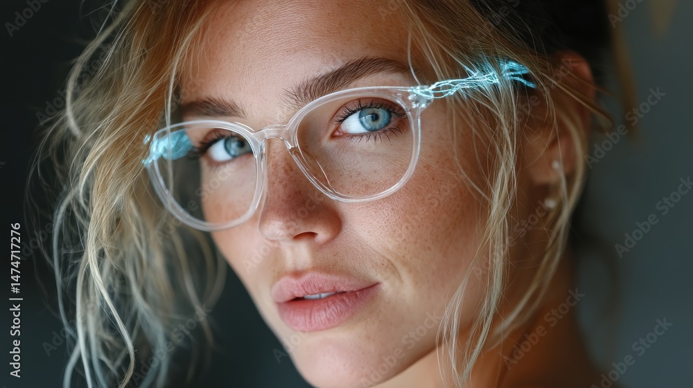 Poster technology style whit net glowing wave,glowing line glow wave,glow line , mature woman trying new ey