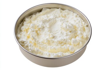 Creamy cottage cheese in a metal bowl.