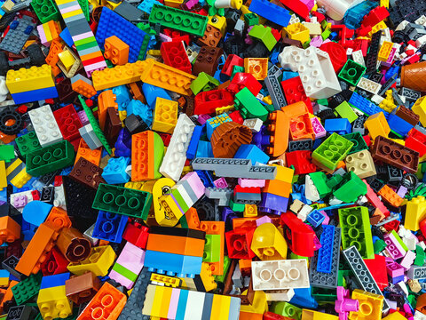 NAKHON PATHOM,THAILAND - JANUARY 17 ,2025 : Top view A pile of multicolor of many Lego toy blocks in various shapes and different sizes at Central salaya. Toys and games. Leisure and recreation.