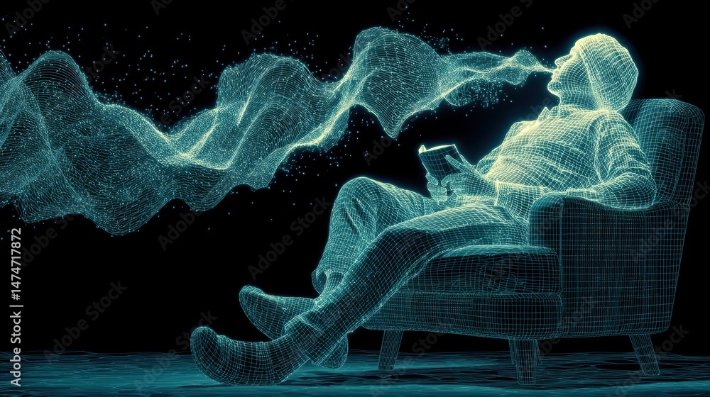 Poster technology style whit net glowing wave,glowing line glow wave,glow line , mixed race man relaxing on couch