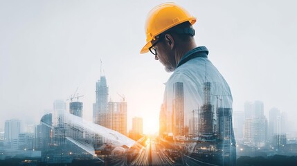 Engineer reviewing blueprints at sunset. Industrial construction building activity onsite
