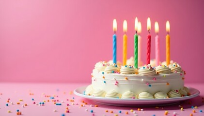 Birthday cake with candles, colorful sprinkles, joy, whimsical