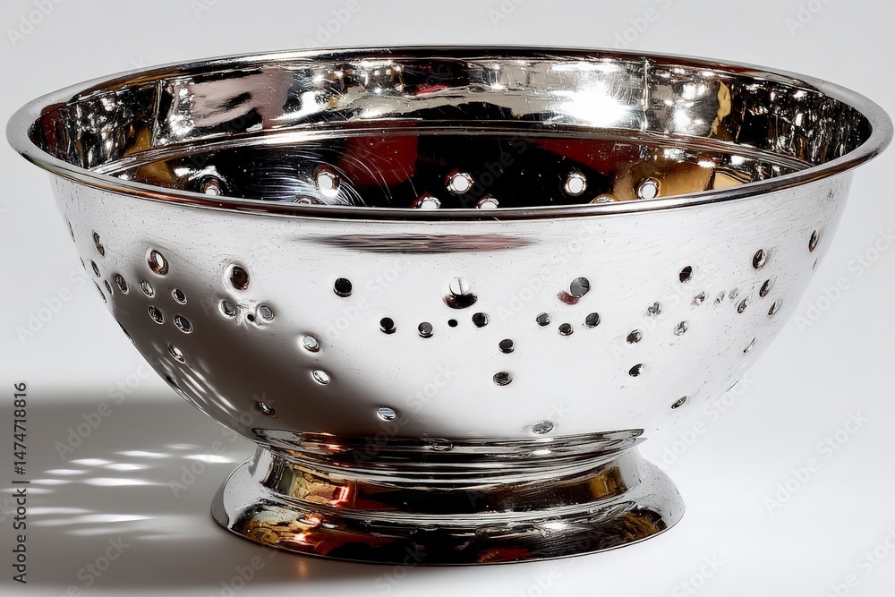Poster shining metal bowl with perforated design placed on a light background showcasing intricate details