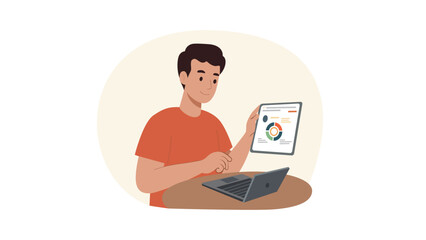 Illustration of Young Professional Reviewing Data on Tablet and Laptop