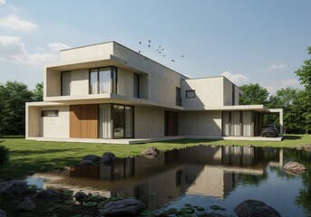 Fototapeta premium Modern house with pond and trees reflecting in the water on a sunny day with birds flying above