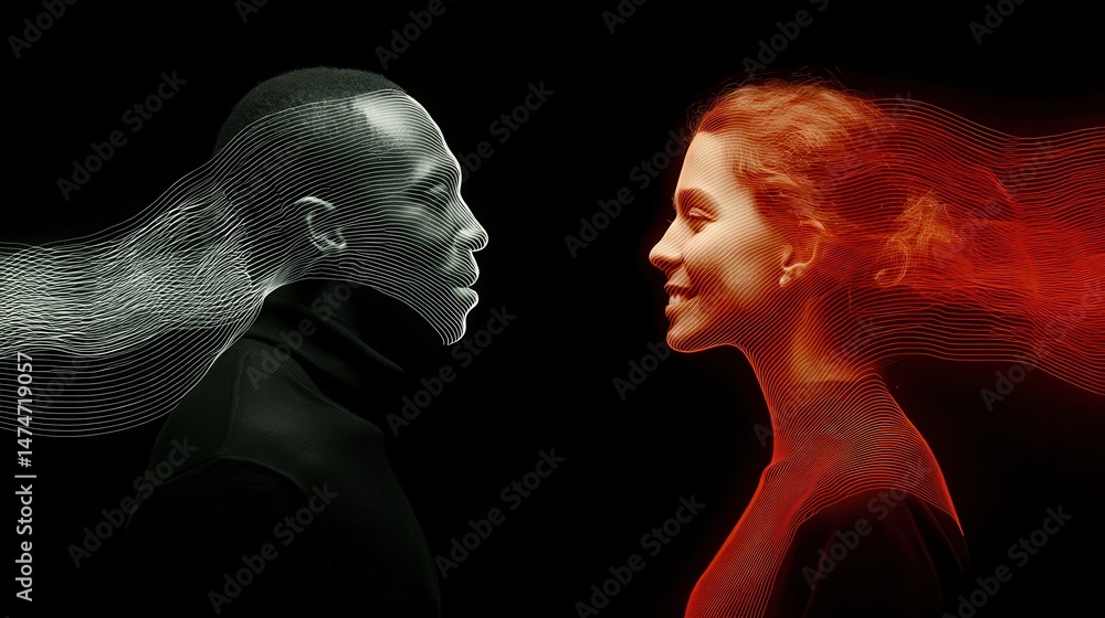 Poster technology style whit net glowing wave,glowing line glow wave,glow line , multiethnic couple looking