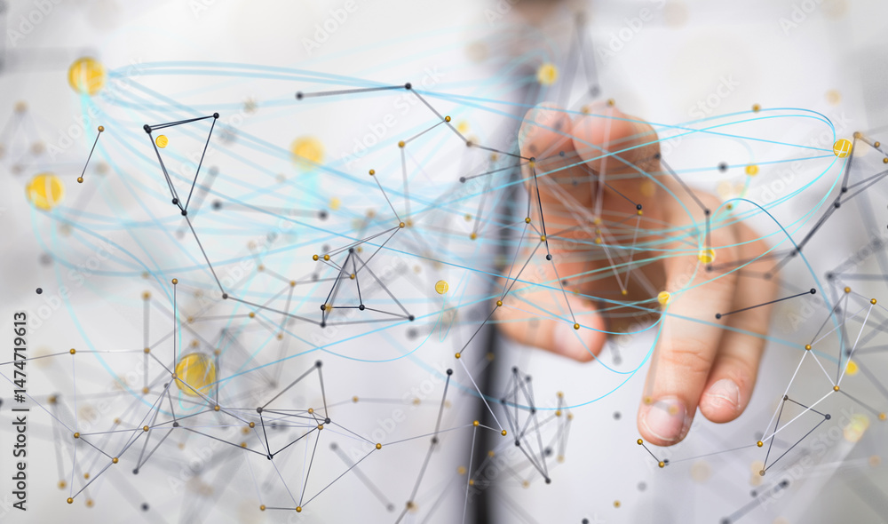 Poster Neural network 3D illustration. Big data and cybersecurity