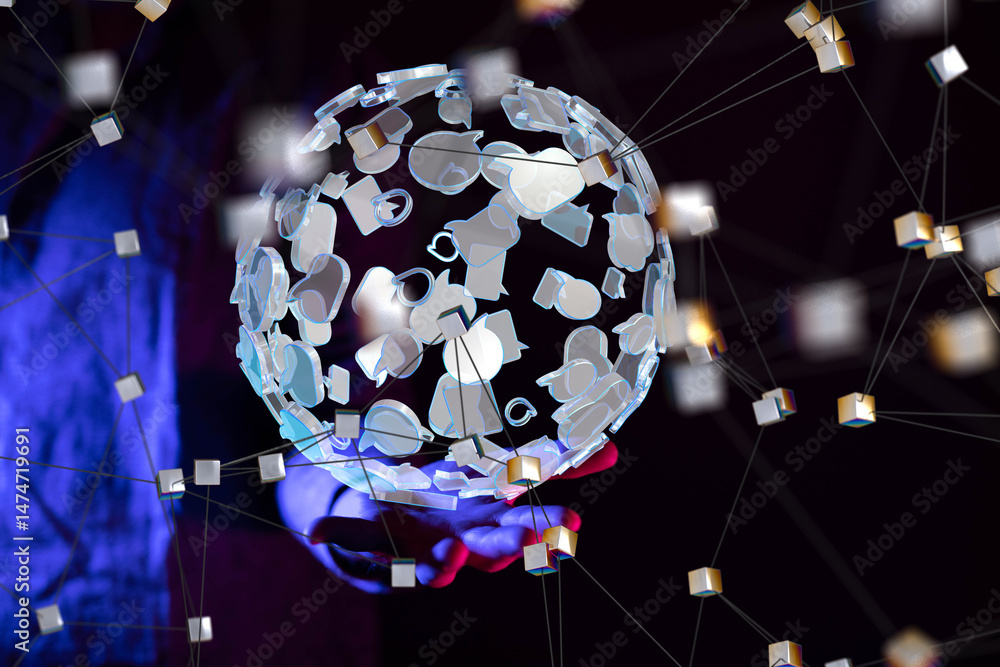 Aufkleber Global network. Blockchain. 3D illustration. Neural networks and artificial intelligence. Abstract