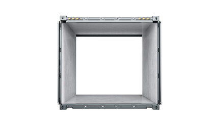 Front view of black shipping container with open doors and back wall removed. Isolated on a white background. 3D illustration.