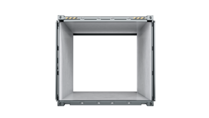 Front view of black shipping container with open doors and back wall removed. Isolated on a white background. 3D illustration.