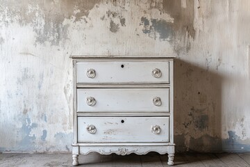 Distressed white dresser against a textured wall (1)