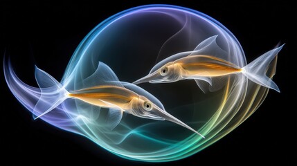 Ethereal X-ray Illustration of Two Elegant Fish Swimming Through Colorful Waves of Light
