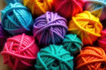 Close-up of colorful yarn balls stitched together, artisan, handmade
