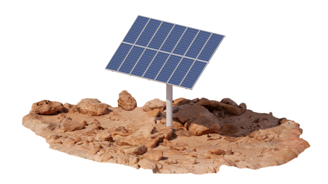 Solar panel on Mars surface. Solar energy concept for a Martian base. Isolated on a white background. 3D illustration.
