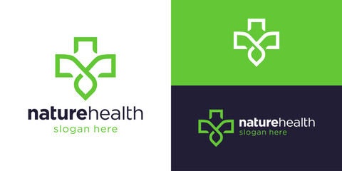 Creative simple nature health logo template. Cross health with leaf logo design vector illustration.
