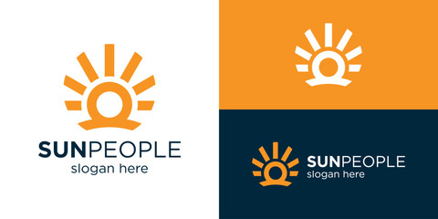 Fototapeta premium Creative simple sun people logo template. Abstract people with sun logo design vector illustration.