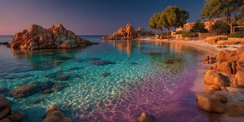 Sunrise over Palombaggia Beach in Corsica with Pink Sky and Calm Waters