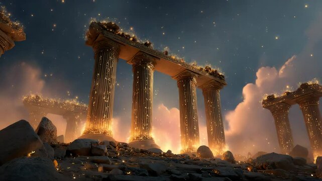 ancient pillars illuminated by warm light in a dreamy setting, with the ruins bathed in a magical glow. The structures stand against a background of clouds and celestial elements.