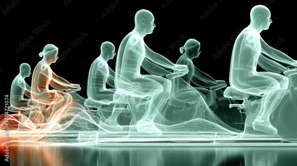 Poster technology style whit net glowing wave,glowing line glow wave,glow line , people on exercise bike.stock image