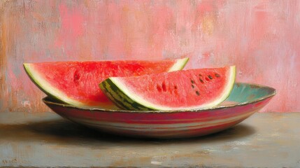 A vibrant still life featuring slices of watermelon in a colorful bowl against a soft pink backdrop, ideal for food blogs, summer recipes, and healthy eating promotions,
