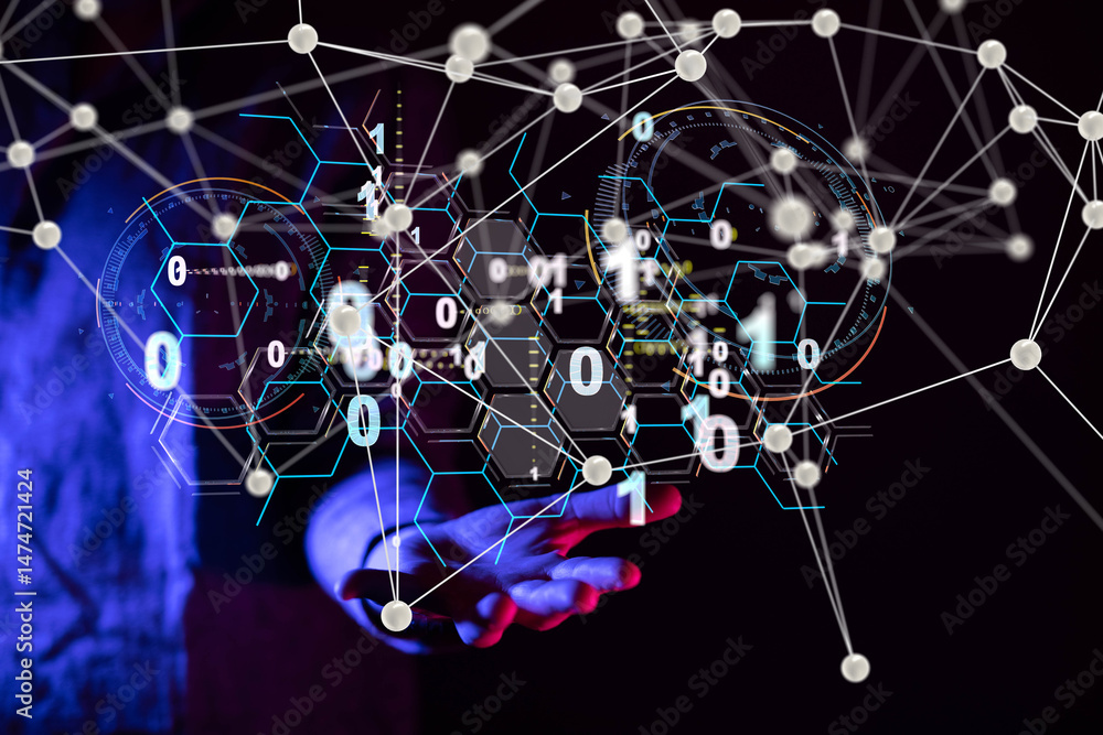 Poster Neural network 3D illustration. Big data and cybersecurity