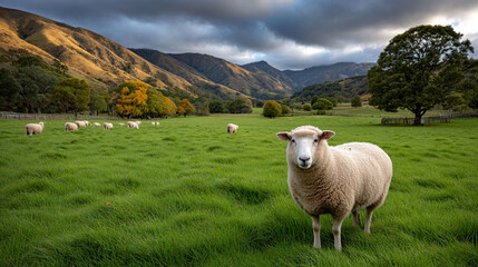 Fototapeta premium Sheep stands in field, gazing forward. Mountains, trees, and cloudy sky backdrop