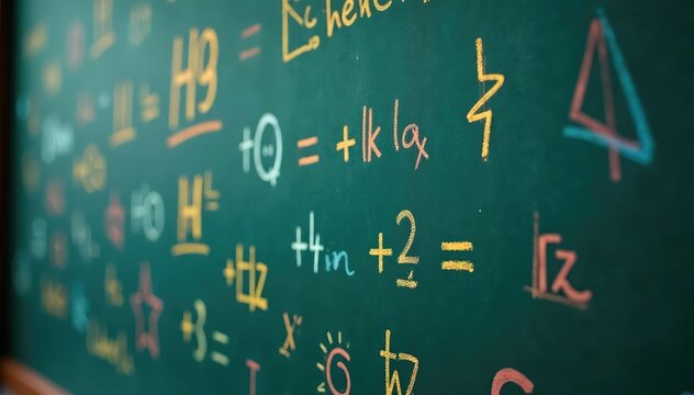 Close-up shot of various mathematical symbols written on a chalkboard , illustration, constant
