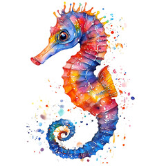 Digitally rendered seahorse, depicted with a vibrant spectrum of colors and abstract patterns. The illustration exhibits bold color choices and a unique artistic style.