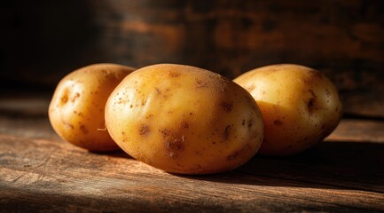 Three rustic potatoes on a wooden surface