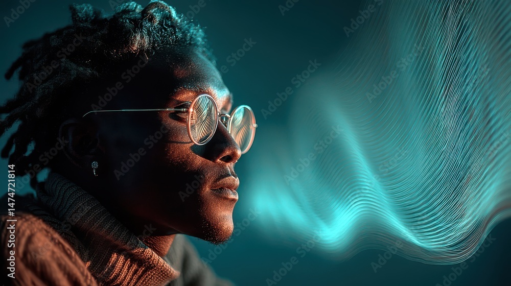 Poster technology style whit net glowing wave,glowing line glow wave,glow line , portrait of black guy in high school class.stock image
