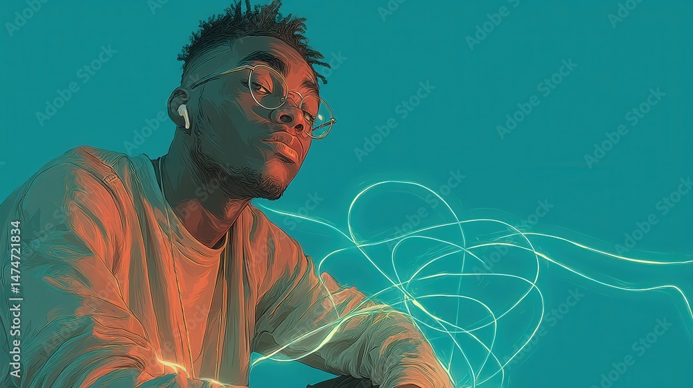 Aufkleber technology style whit net glowing wave,glowing line glow wave,glow line , portrait of black guy in h