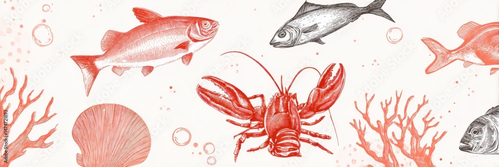 Poster clean minimal seafood banner featuring coral accents with a focus on various sea creatures in a styl