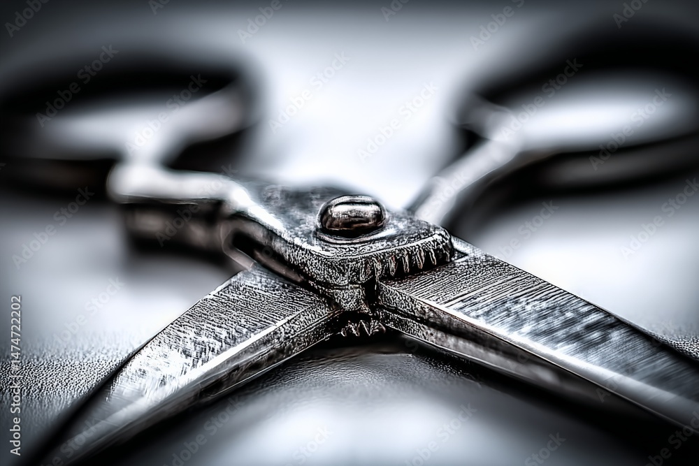 Aufkleber close-up view of shiny metal scissors resting on a smooth surface in a well-lit workspace