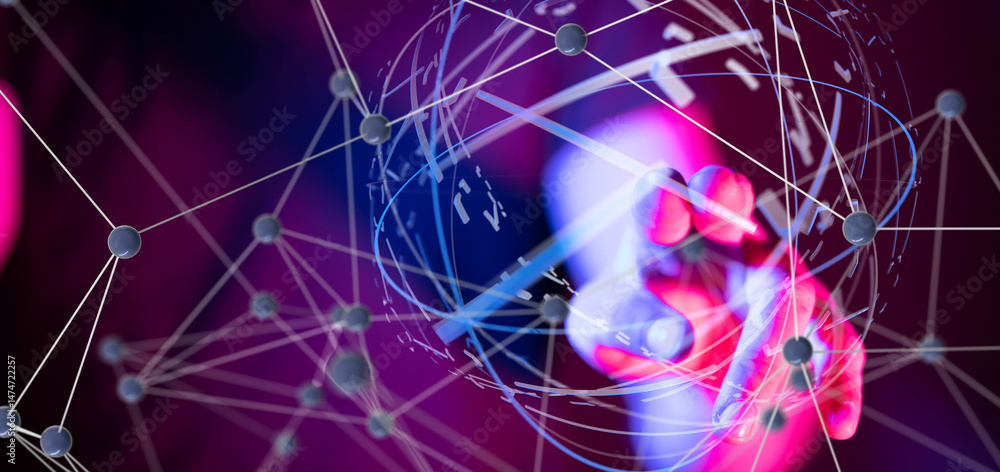 Aufkleber Global network. Blockchain. 3D illustration. Neural networks and artificial intelligence. Abstract