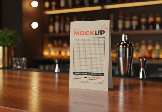 Table Tent Menu Drink on Cocktail Bar Mockup