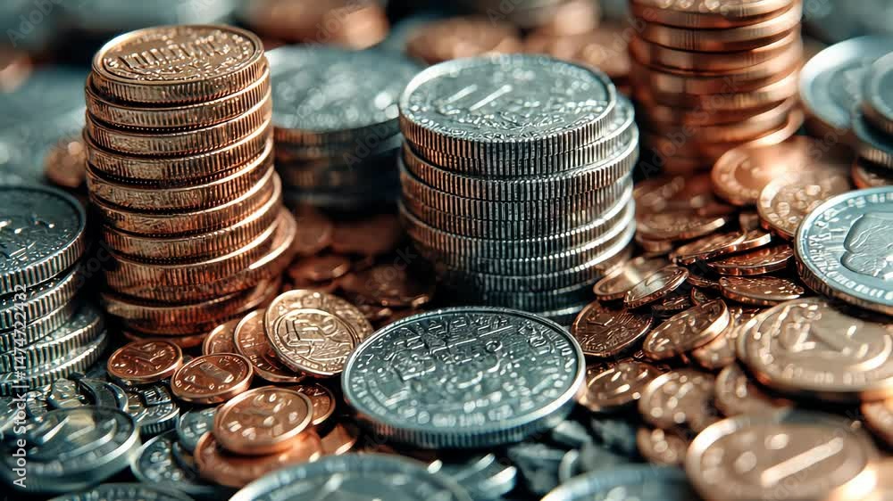 Poster stacks of mixed copper and silver coins arranged closely together, creating a rich texture and metal